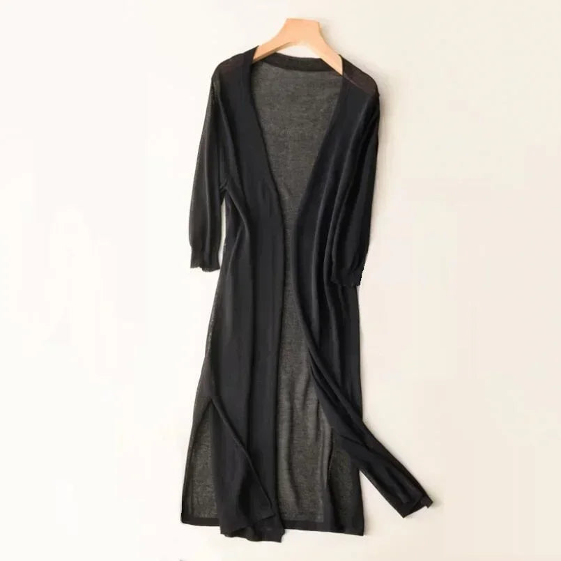 Elin – lange open cardigan vest met driekwartmouwen in lichtgewicht gebreid materiaal
