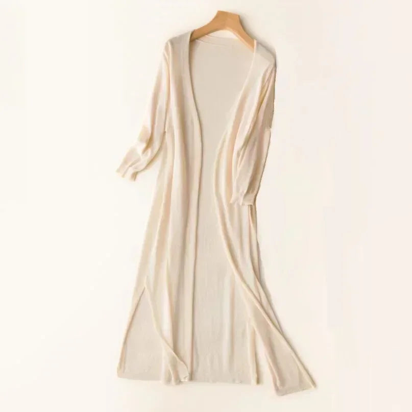 Elin – lange open cardigan vest met driekwartmouwen in lichtgewicht gebreid materiaal