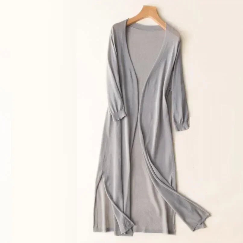 Elin – lange open cardigan vest met driekwartmouwen in lichtgewicht gebreid materiaal
