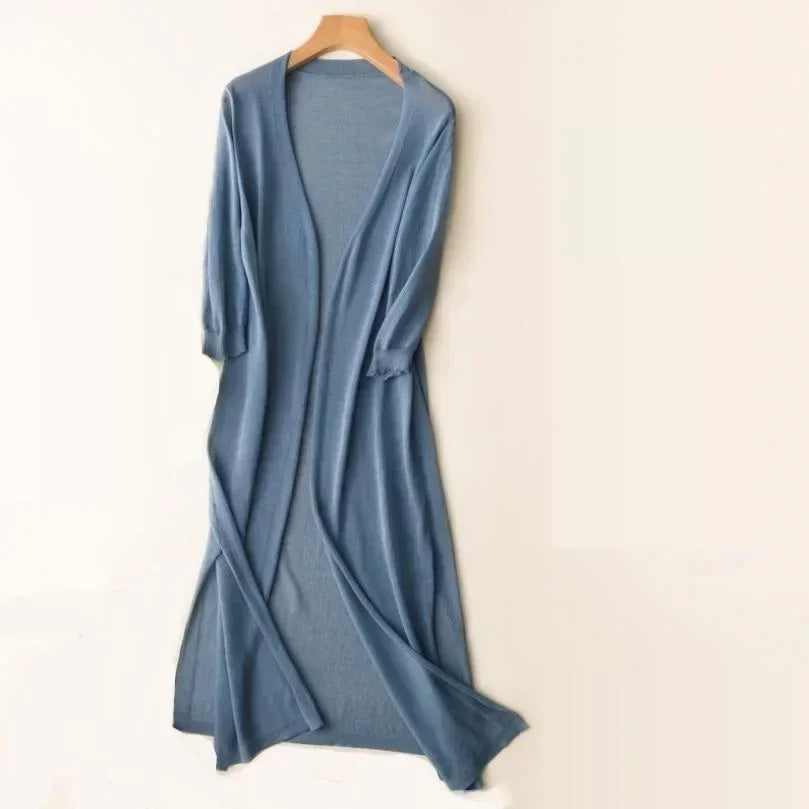 Elin – lange open cardigan vest met driekwartmouwen in lichtgewicht gebreid materiaal