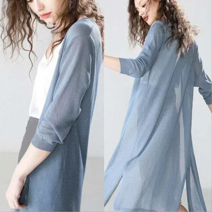 Elin – lange open cardigan vest met driekwartmouwen in lichtgewicht gebreid materiaal