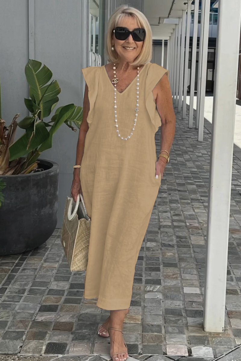 Hallie – mouwloze linnen midi-jurk met elegante V-hals en brede schouders