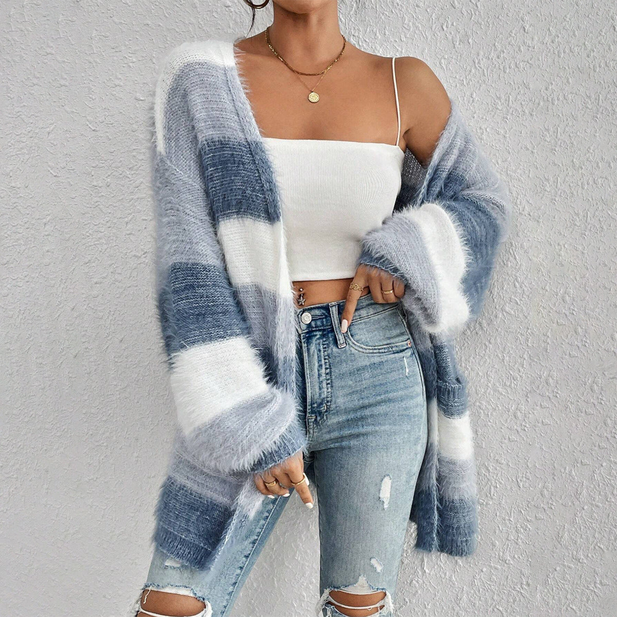 Noor – oversized gestreept plush cardigan vest met open voorkant