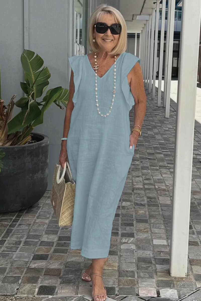 Hallie – mouwloze linnen midi-jurk met elegante V-hals en brede schouders