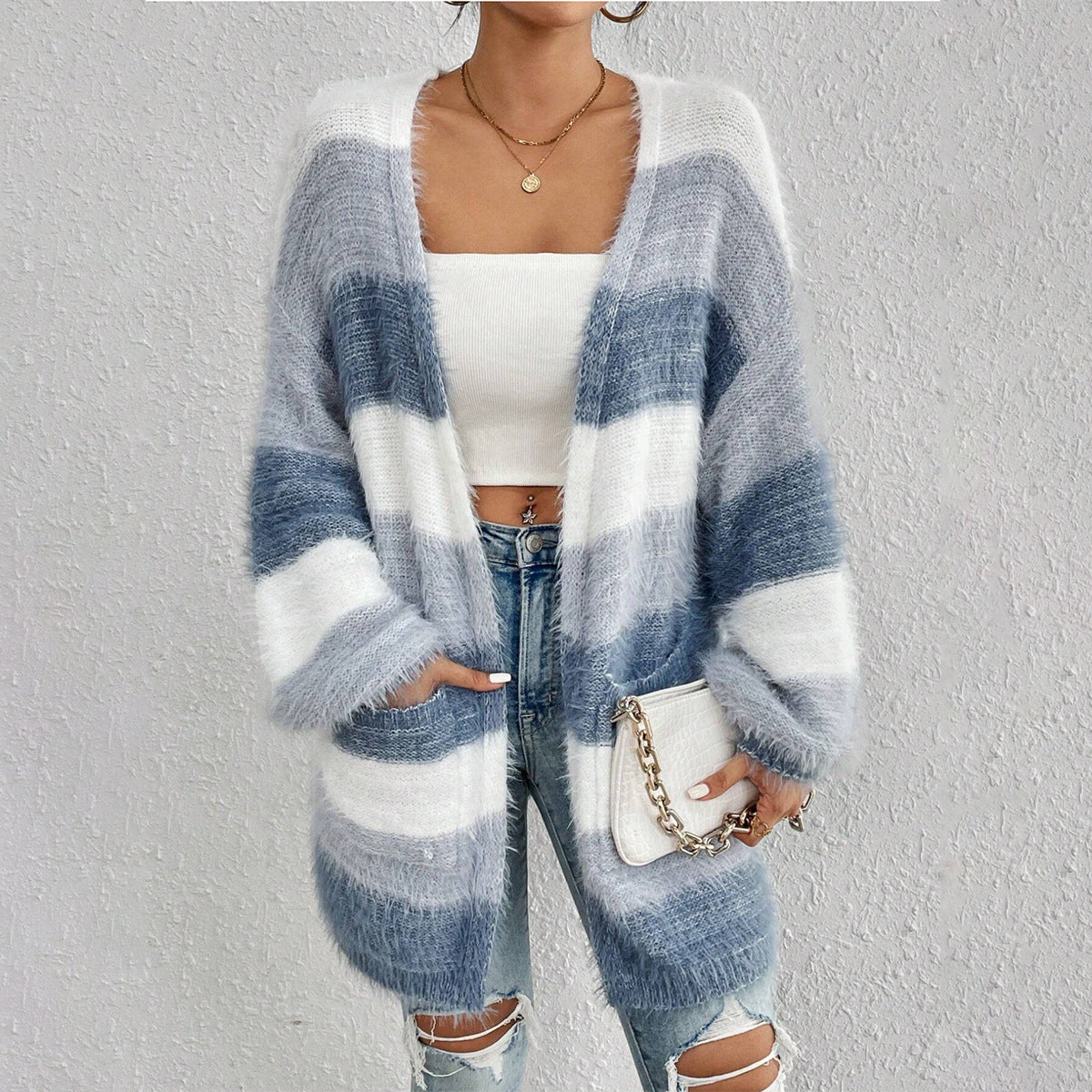 Noor – oversized gestreept plush cardigan vest met open voorkant