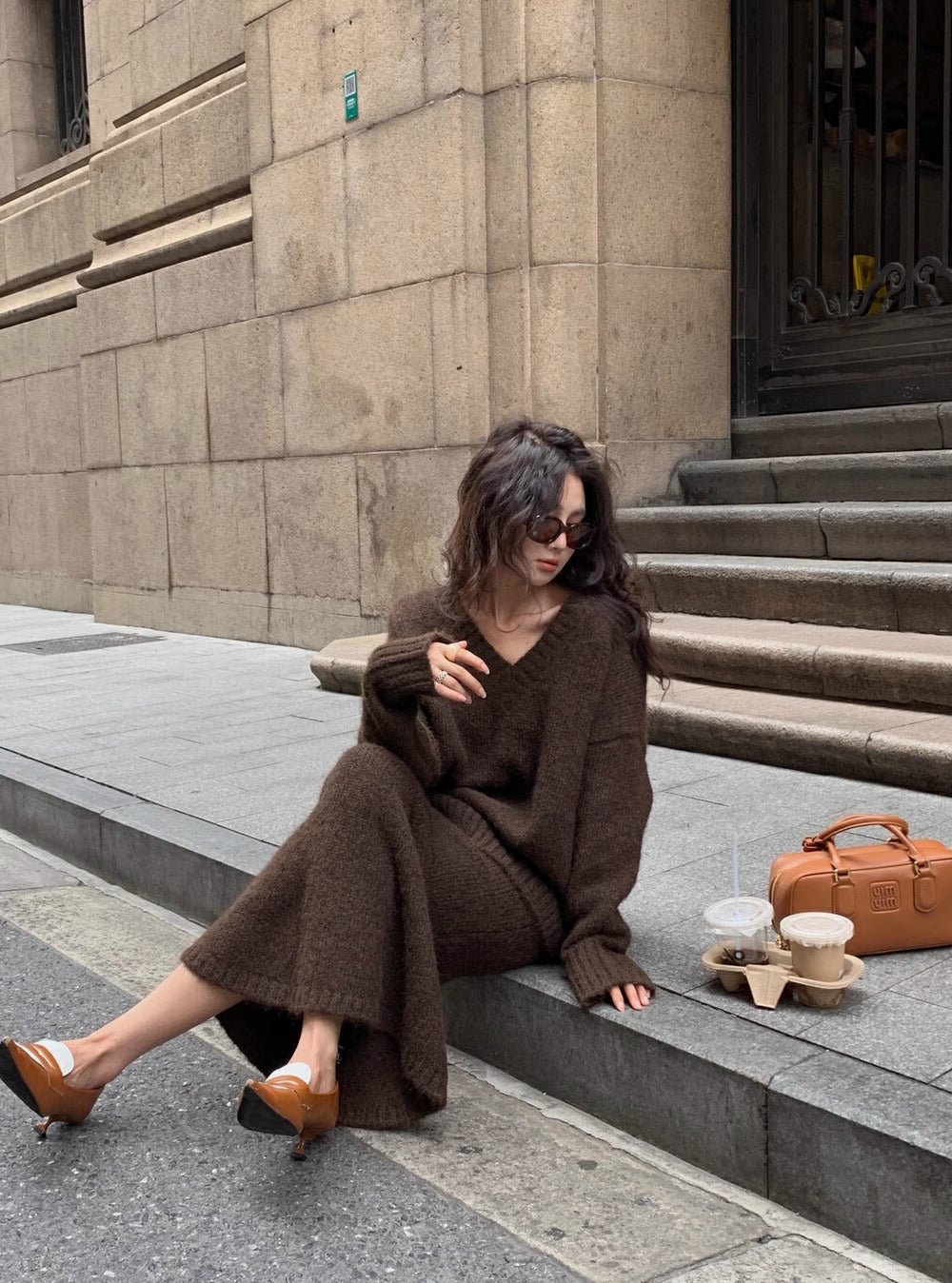 Noelle – gebreide dames set met oversized trui en fluted maxi rok