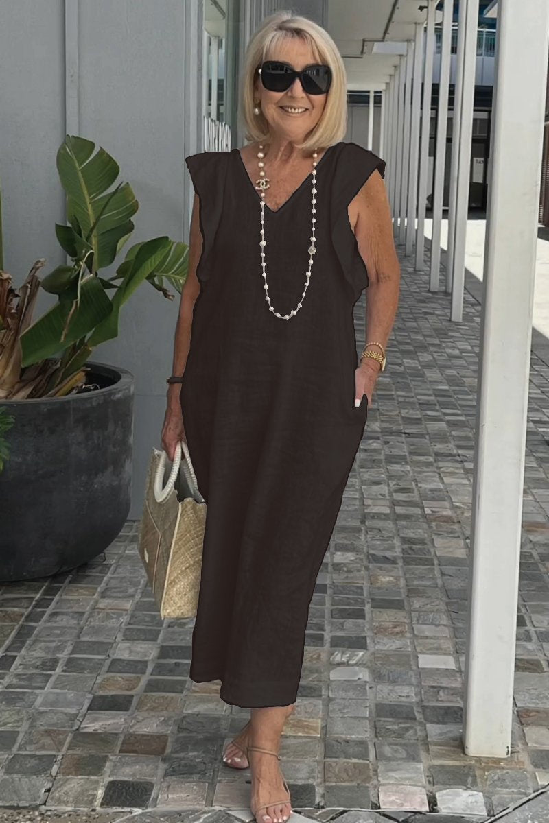 Hallie – mouwloze linnen midi-jurk met elegante V-hals en brede schouders