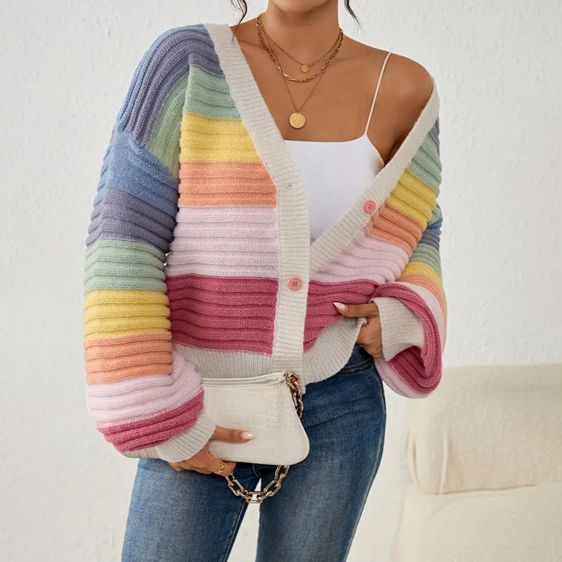 Roos – oversized ribgebreid cardigan-vest met strepen en v-hals