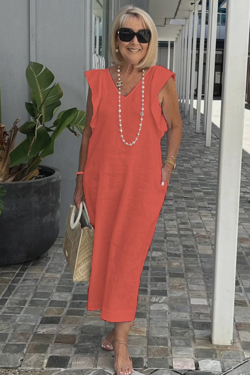 Hallie – mouwloze linnen midi-jurk met elegante V-hals en brede schouders