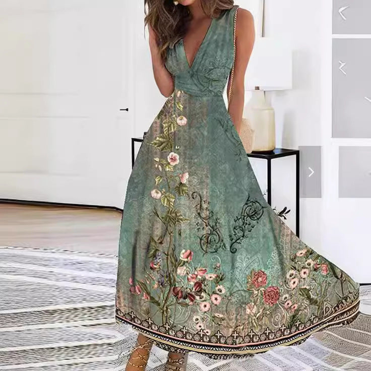 Sabrina – Zomer bloemenjurk met diepe V-hals en aquarelprint