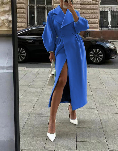 Natalia – lange trenchcoat met lantern mouwen en elegante kraag