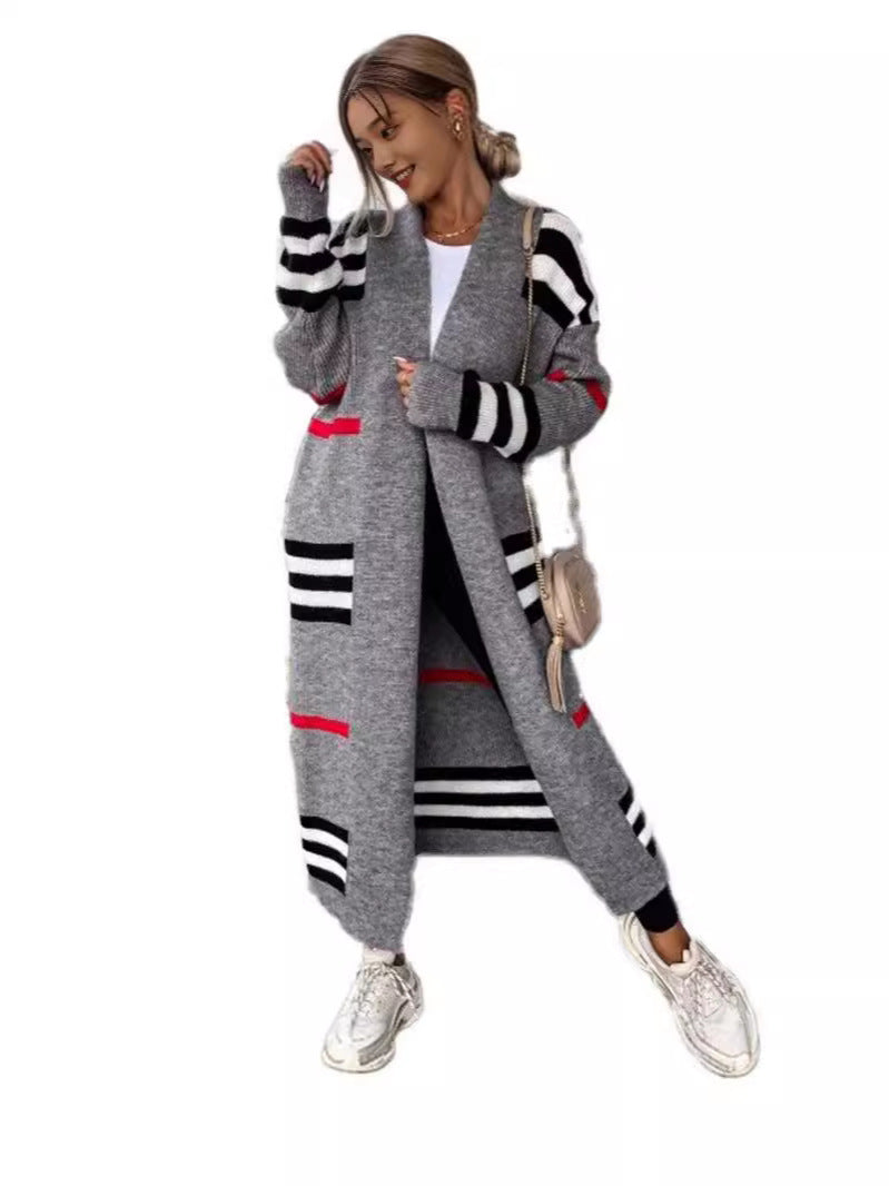 Amara – Lange Gestreepte Wollen Cardigan Voor Dames