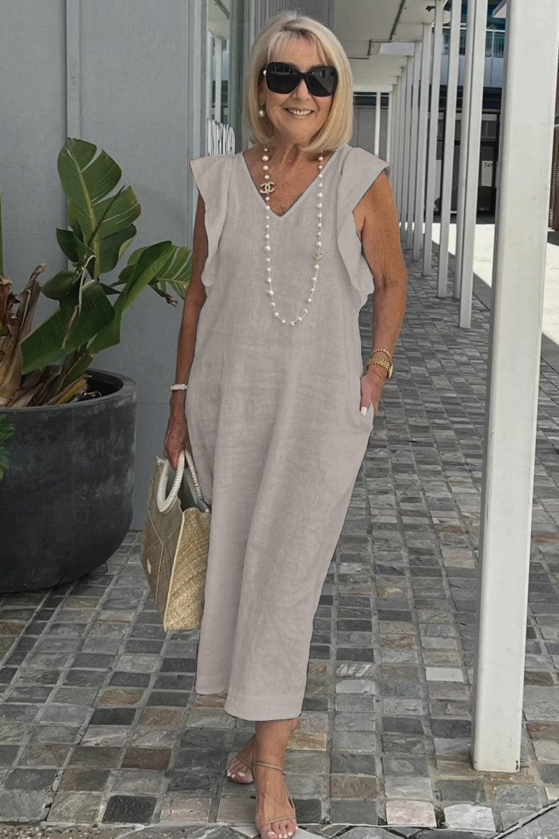 Hallie – mouwloze linnen midi-jurk met elegante V-hals en brede schouders