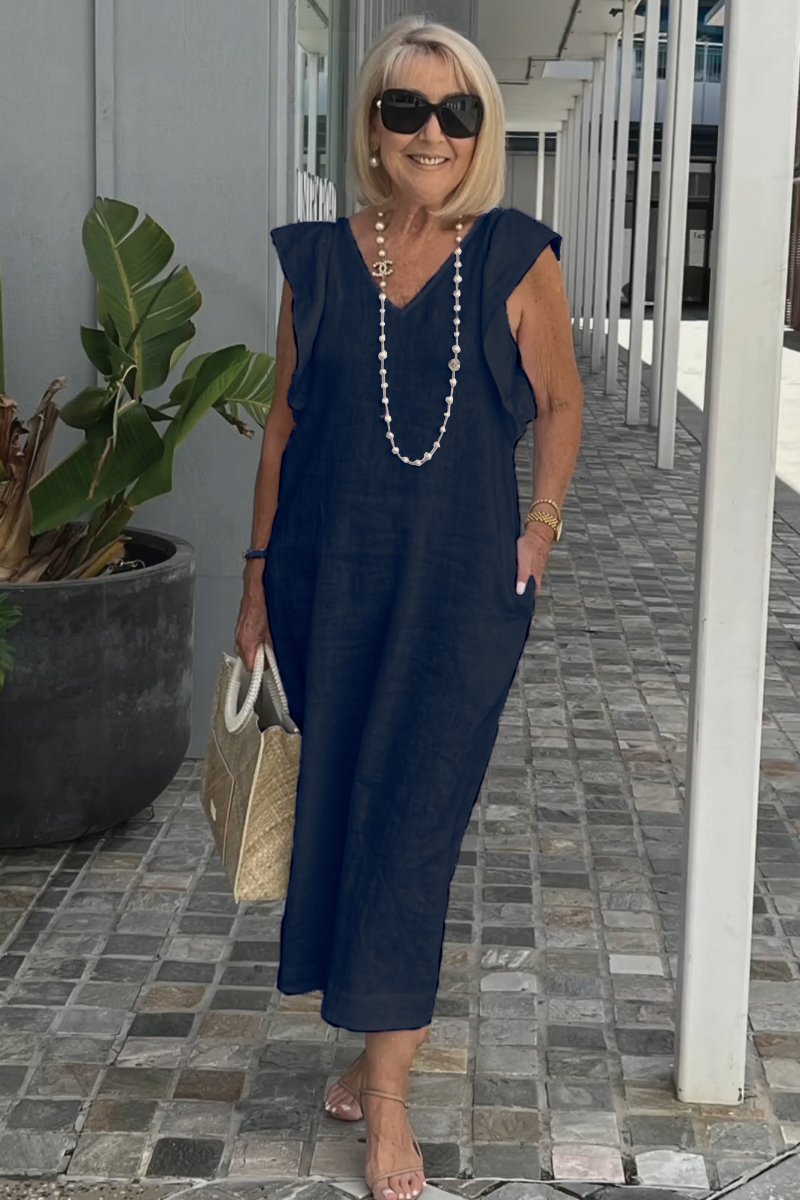 Hallie – mouwloze linnen midi-jurk met elegante V-hals en brede schouders
