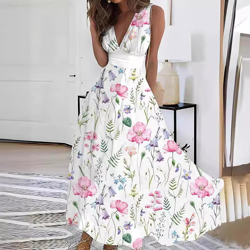Sabrina – Zomer bloemenjurk met diepe V-hals en aquarelprint