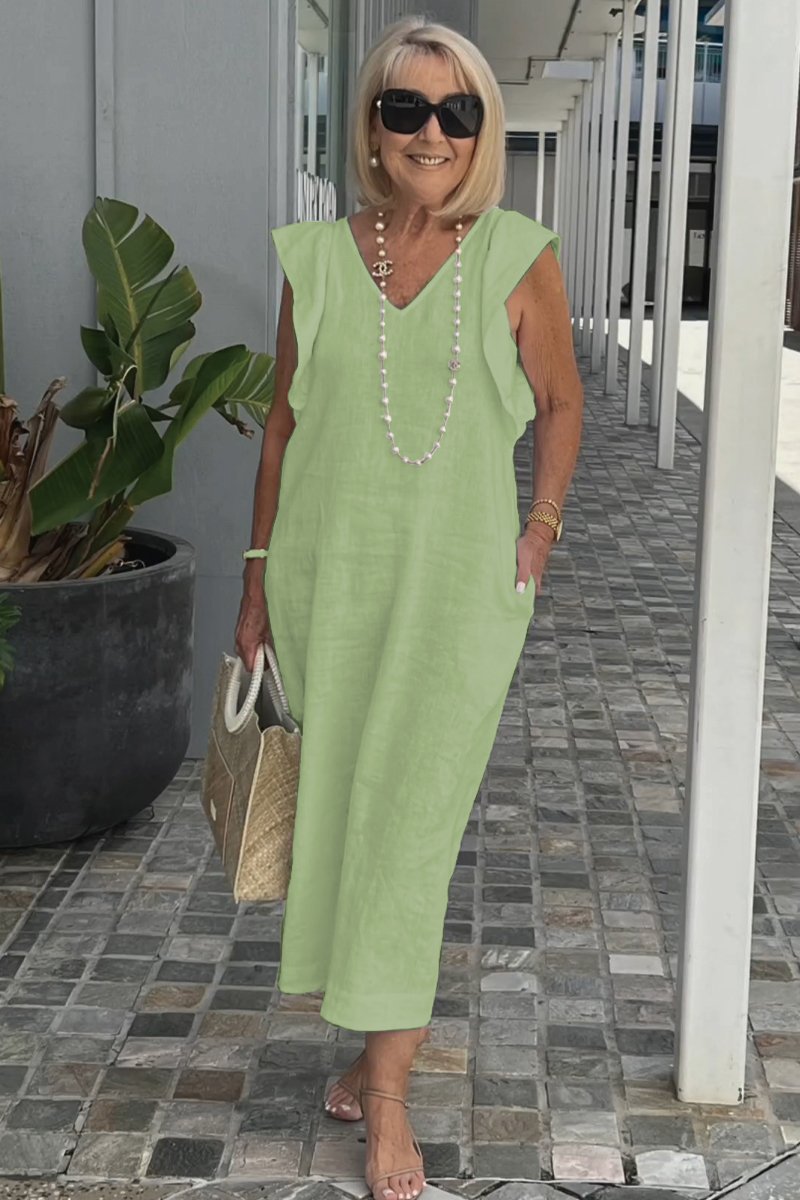 Hallie – mouwloze linnen midi-jurk met elegante V-hals en brede schouders