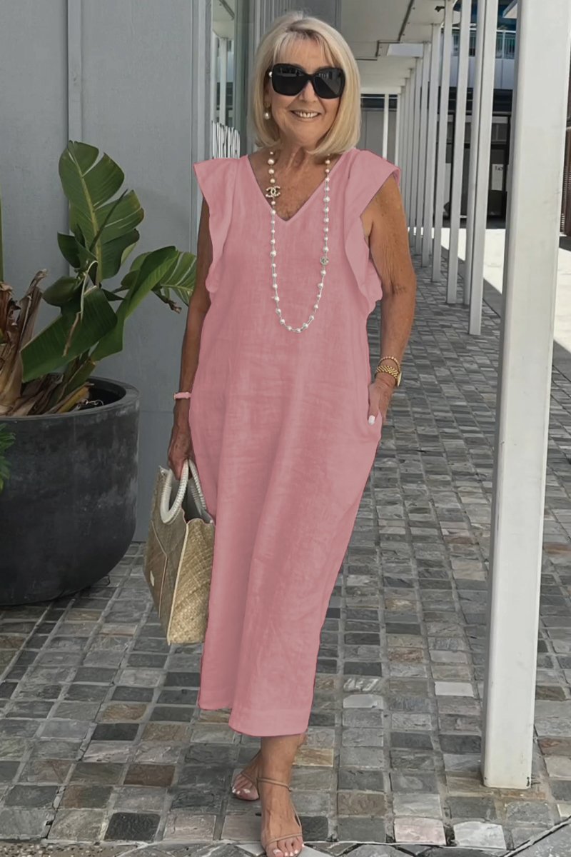 Hallie – mouwloze linnen midi-jurk met elegante V-hals en brede schouders