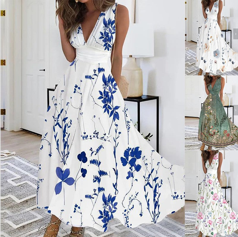 Sabrina – Zomer bloemenjurk met diepe V-hals en aquarelprint