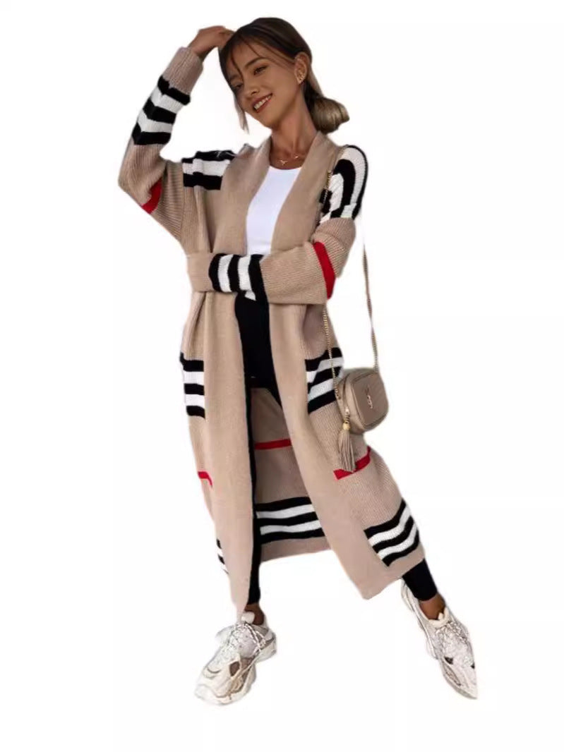 Amara – Lange Gestreepte Wollen Cardigan Voor Dames
