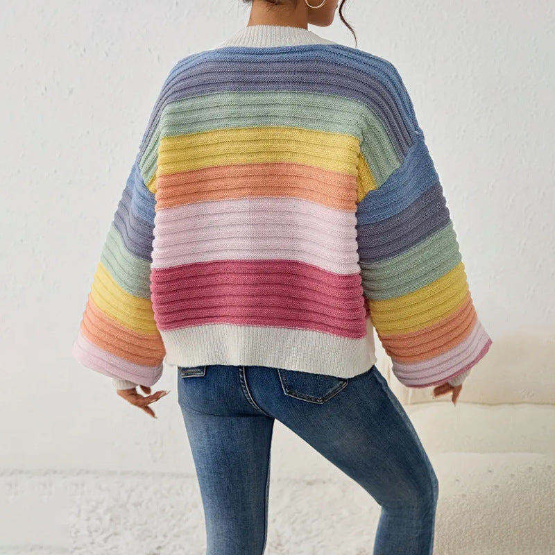 Roos – oversized ribgebreid cardigan-vest met strepen en v-hals