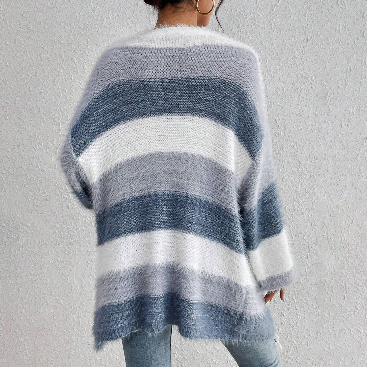Noor – oversized gestreept plush cardigan vest met open voorkant