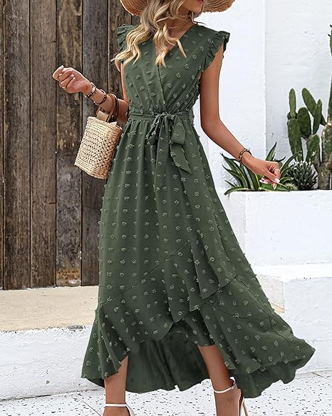 Elena – V-hals Maxi zomer jurk met ruches en strikceintuur in de taille