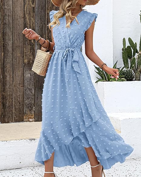 Elena – V-hals Maxi zomer jurk met ruches en strikceintuur in de taille