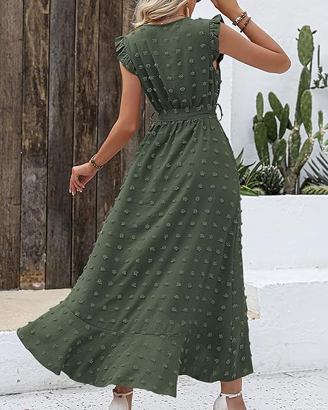 Elena – V-hals Maxi zomer jurk met ruches en strikceintuur in de taille
