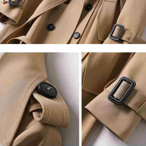 Mara – double-breasted trenchcoat in beige met ceintuur en lange snit