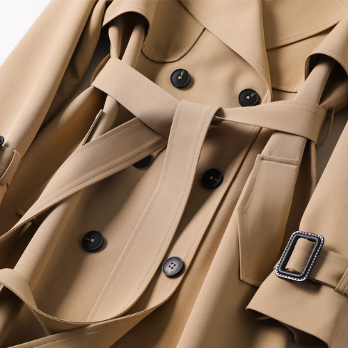Mara – double-breasted trenchcoat in beige met ceintuur en lange snit