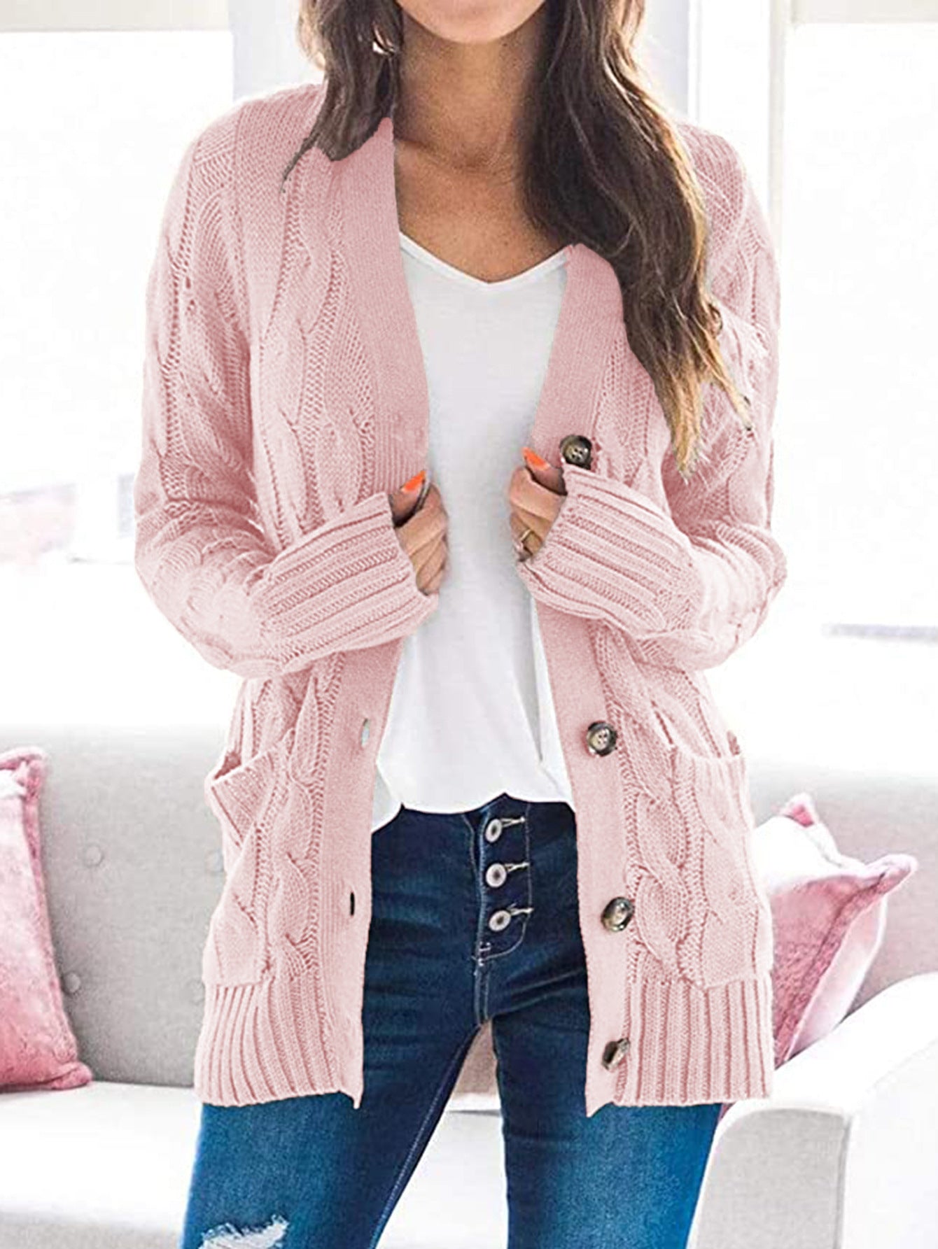 Emma – gebreide dames cardigan vest met lange mouwen