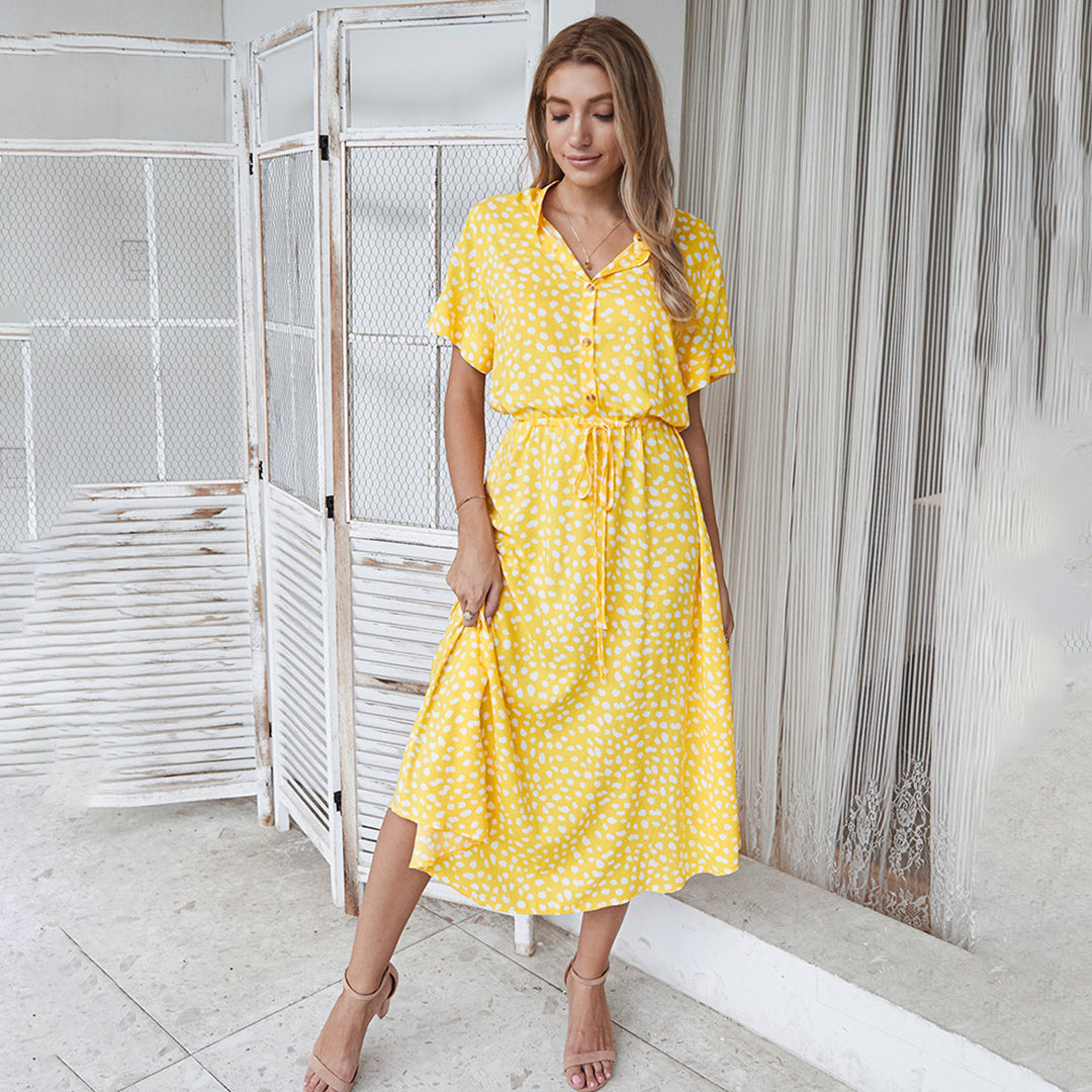 Nora – Luchtige Stippenprint Midi Zomerjurk