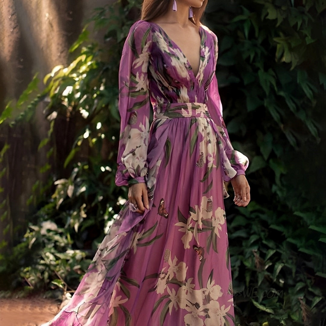 Elena – Paarse Boho Chiffon Jurk Met Bloemenprint En V-hals