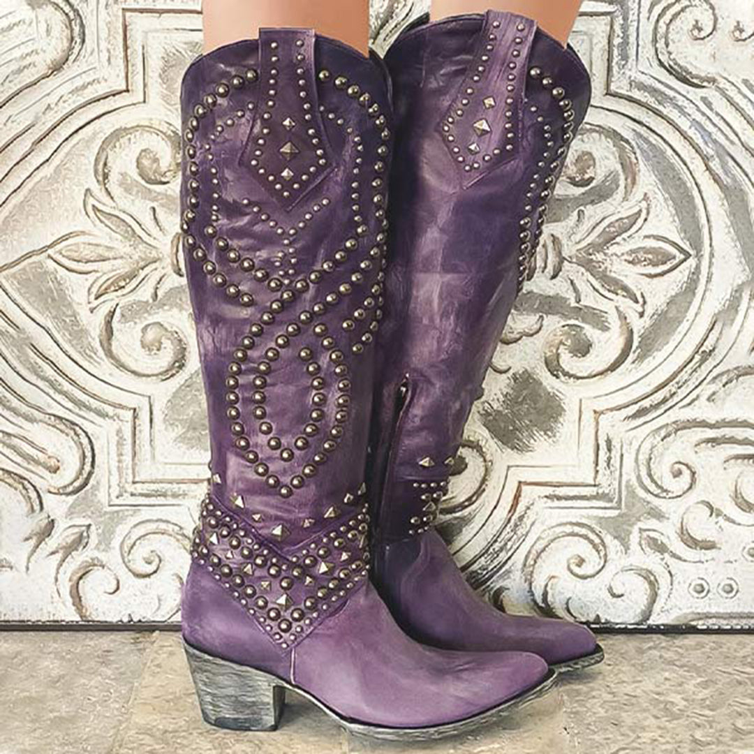 Joanne – hoge pu leren laarzen met studs en stevige hak