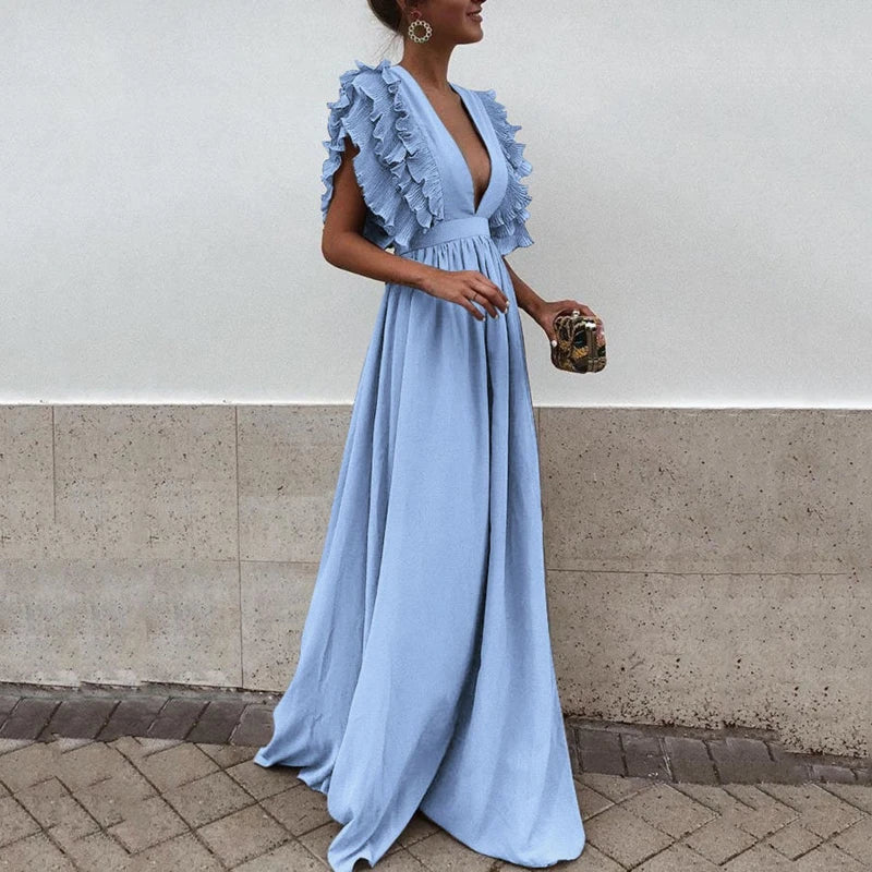 Anna - Diepe V-hals Maxi-jurk Met Fonsmouwen