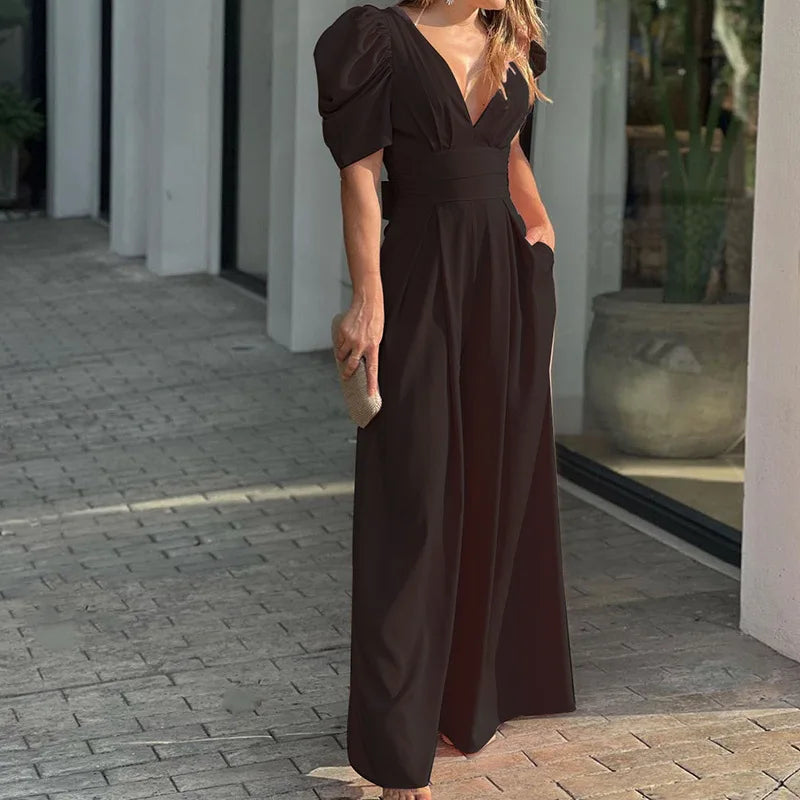 Noa – V-hals Jumpsuit met pofmouwen en wijde pijpen