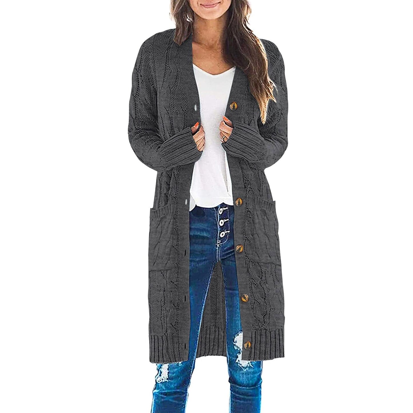 Noelle – lang dames cardigan vest van polyester met knoopsluiting en zakken