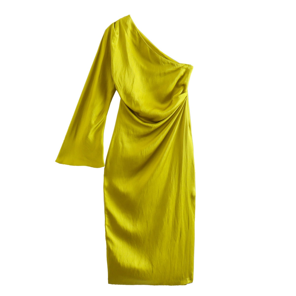 Amaya – Satijnen one shoulder jurk met midi-lengte