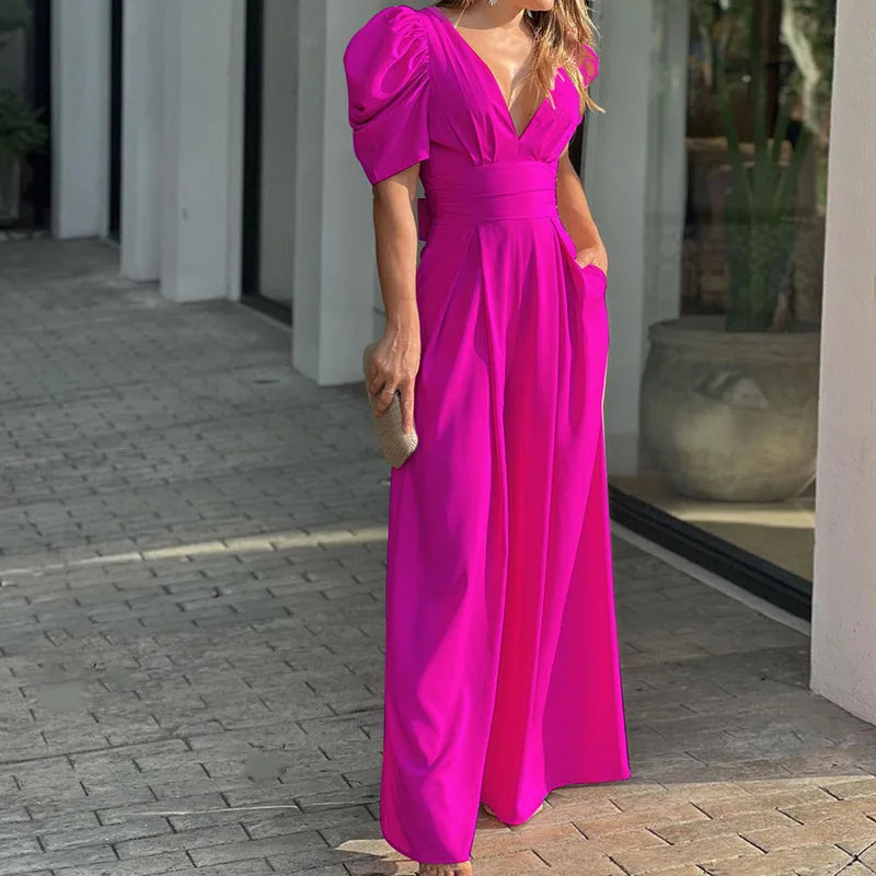 Noa – V-hals Jumpsuit met pofmouwen en wijde pijpen