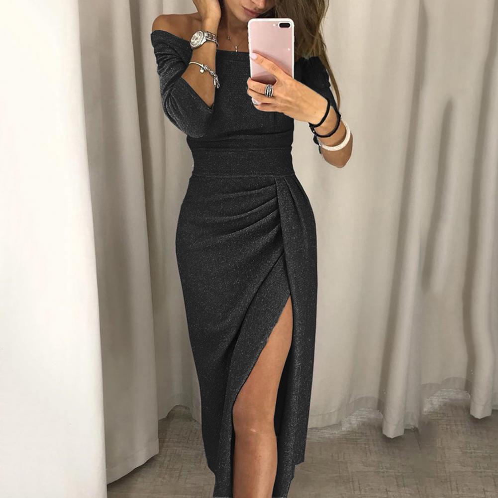 Claire – Zwarte midi-jurk met V-hals en Stretch Tailleband