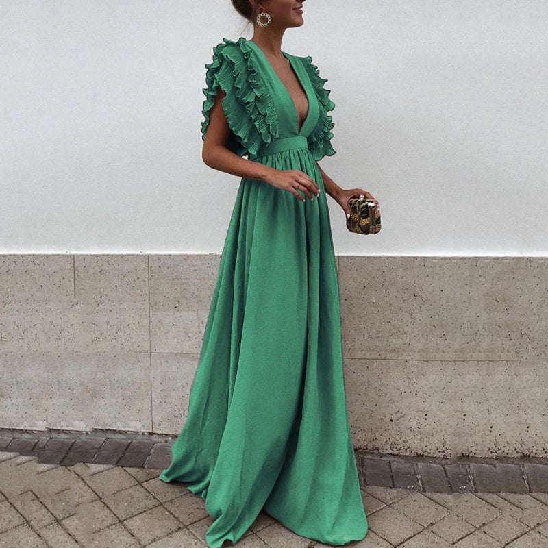 Anna - Diepe V-hals Maxi-jurk Met Fonsmouwen