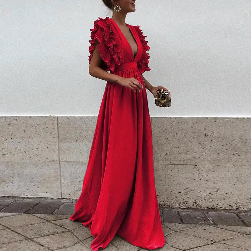 Anna - Diepe V-hals Maxi-jurk Met Fonsmouwen