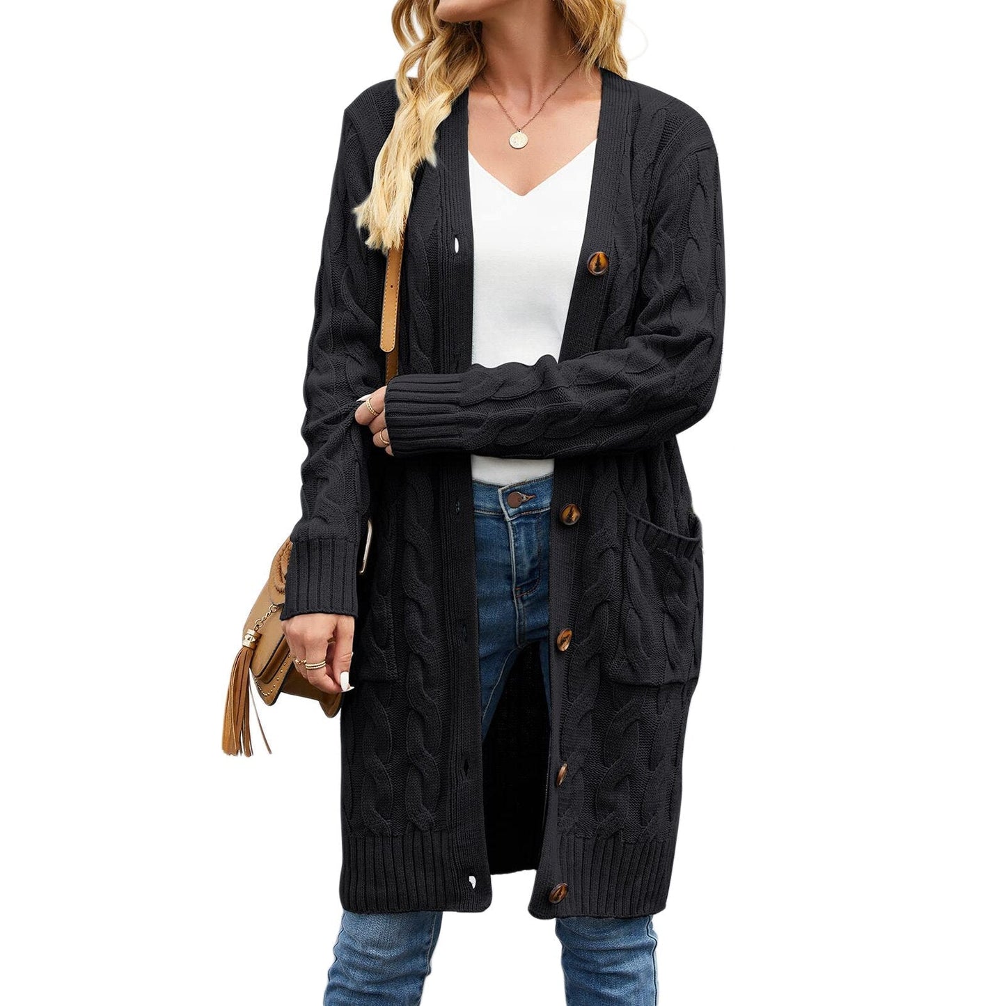 Noelle – lang dames cardigan vest van polyester met knoopsluiting en zakken