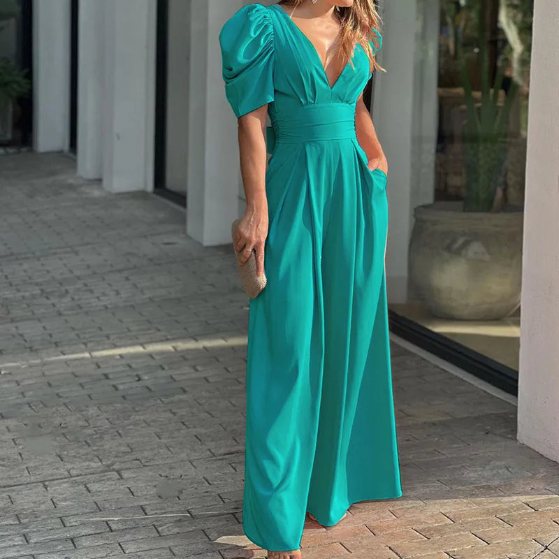 Noa – V-hals Jumpsuit met pofmouwen en wijde pijpen