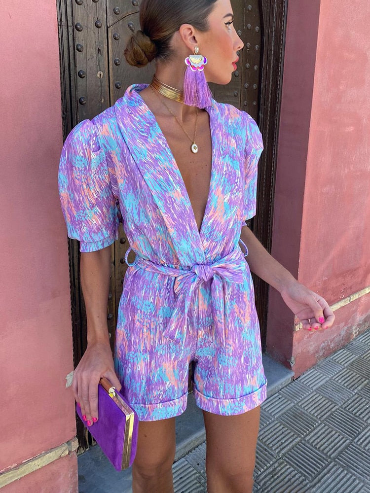 Elinne – Gedrukte Playsuit met V-hals en zomerse print