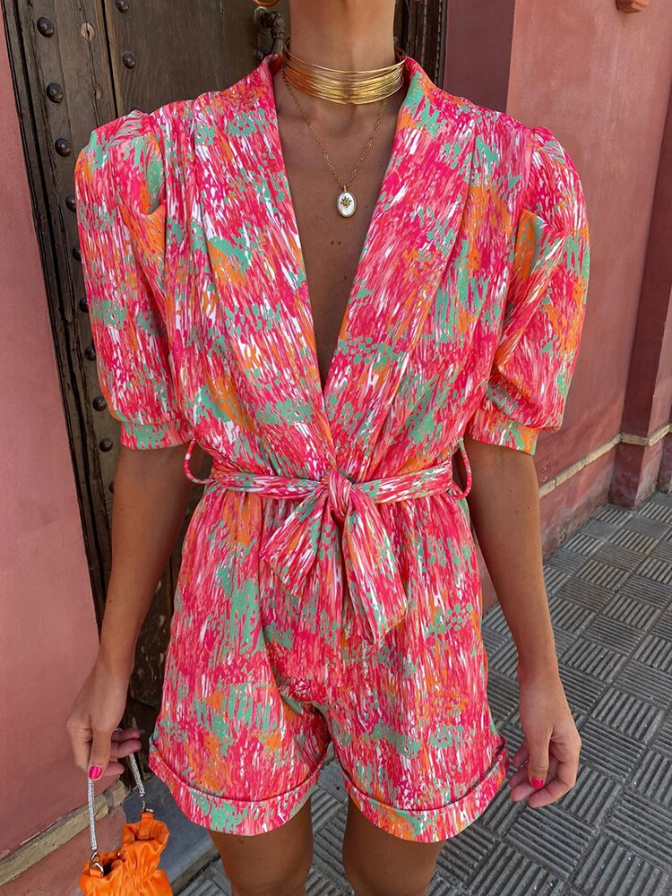 Elinne – Gedrukte Playsuit met V-hals en zomerse print