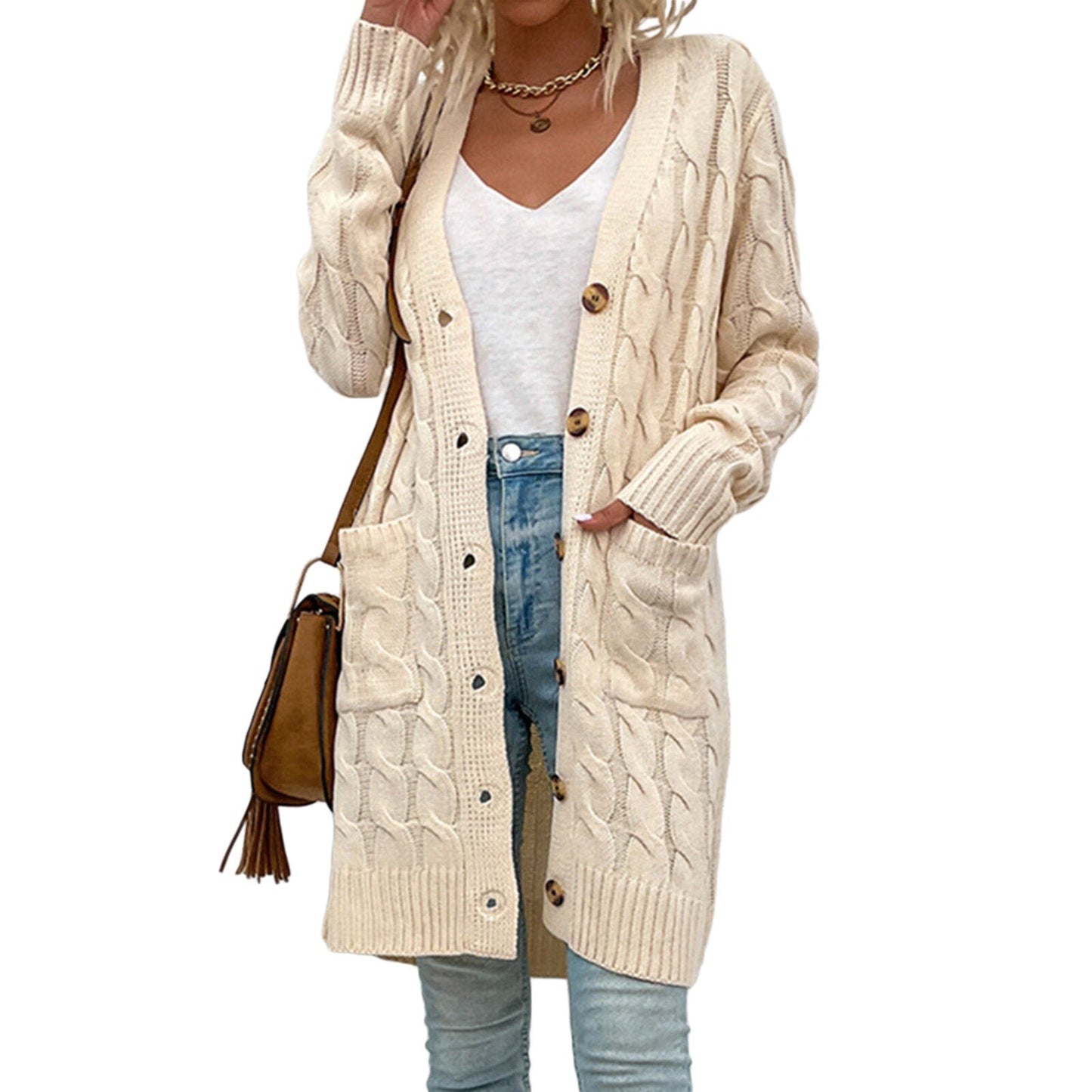Noelle – lang dames cardigan vest van polyester met knoopsluiting en zakken