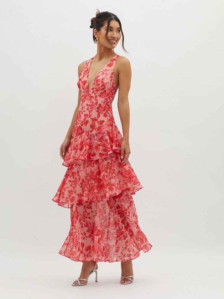 Livia – bloemen maxi-jurk met asymmetrische lagen en diepe V-hals