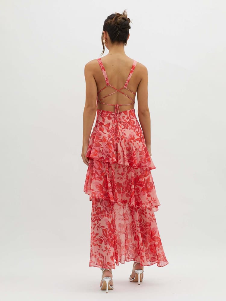 Livia – bloemen maxi-jurk met asymmetrische lagen en diepe V-hals