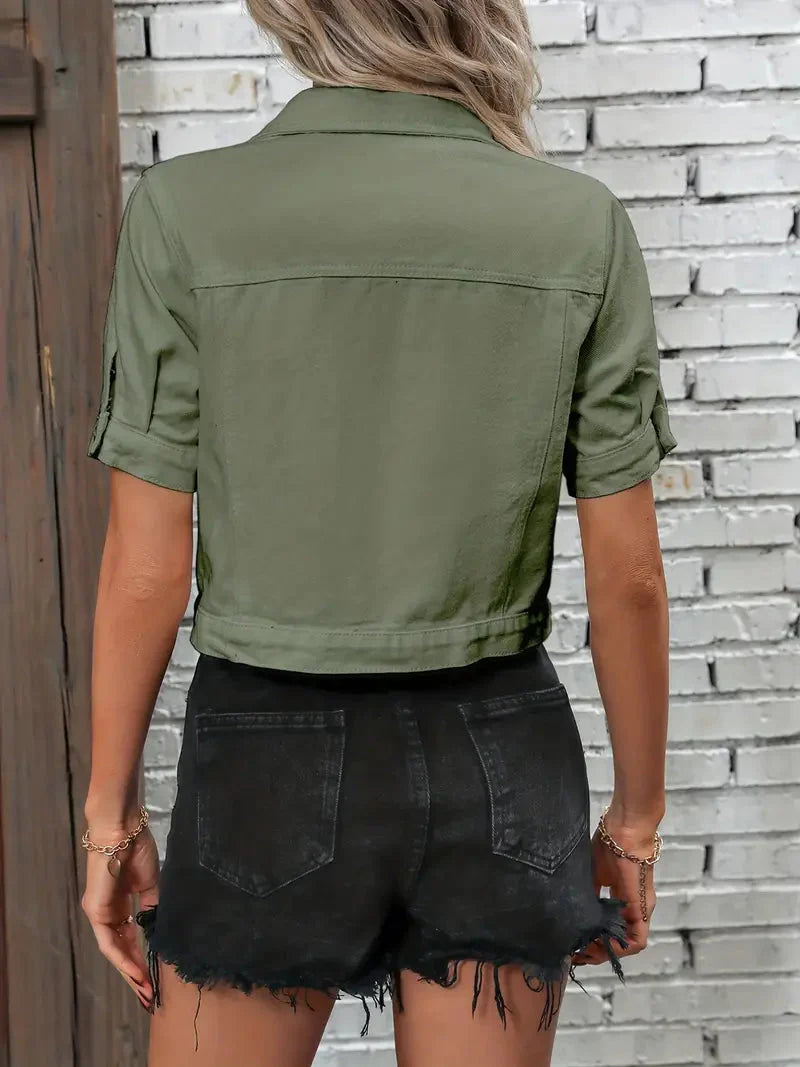 Sabrine - Cropped Dames Zomer Spijkerjas Met Knoopsluiting